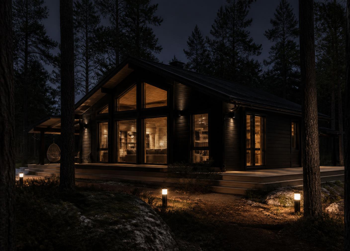 Havainnekuva mustasta 80 m² päärakennuksesta mäntymetsässä, suuret valaistut maisemaikkunat.